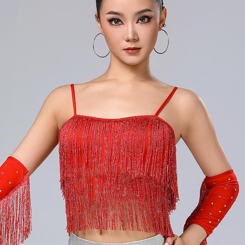 Stage Ready Milk Silk Dance Top Glittering Sequins Coverage Flexible Fringe Movement Square Neck Design For Competition And Practice