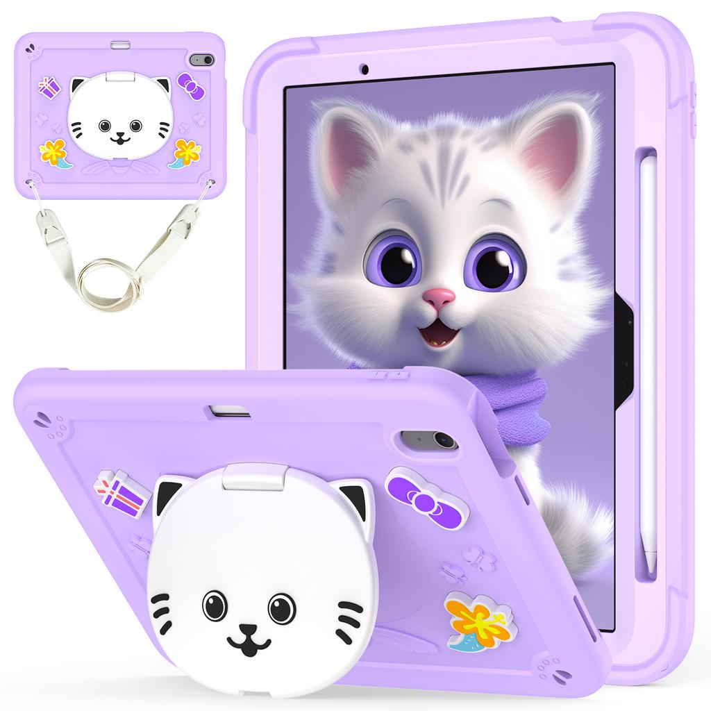 For iPad Air 11 (2025)/(2024) Case PC + Silicone Tablet Cover with Cat Kickstand/Shoulder Strap
