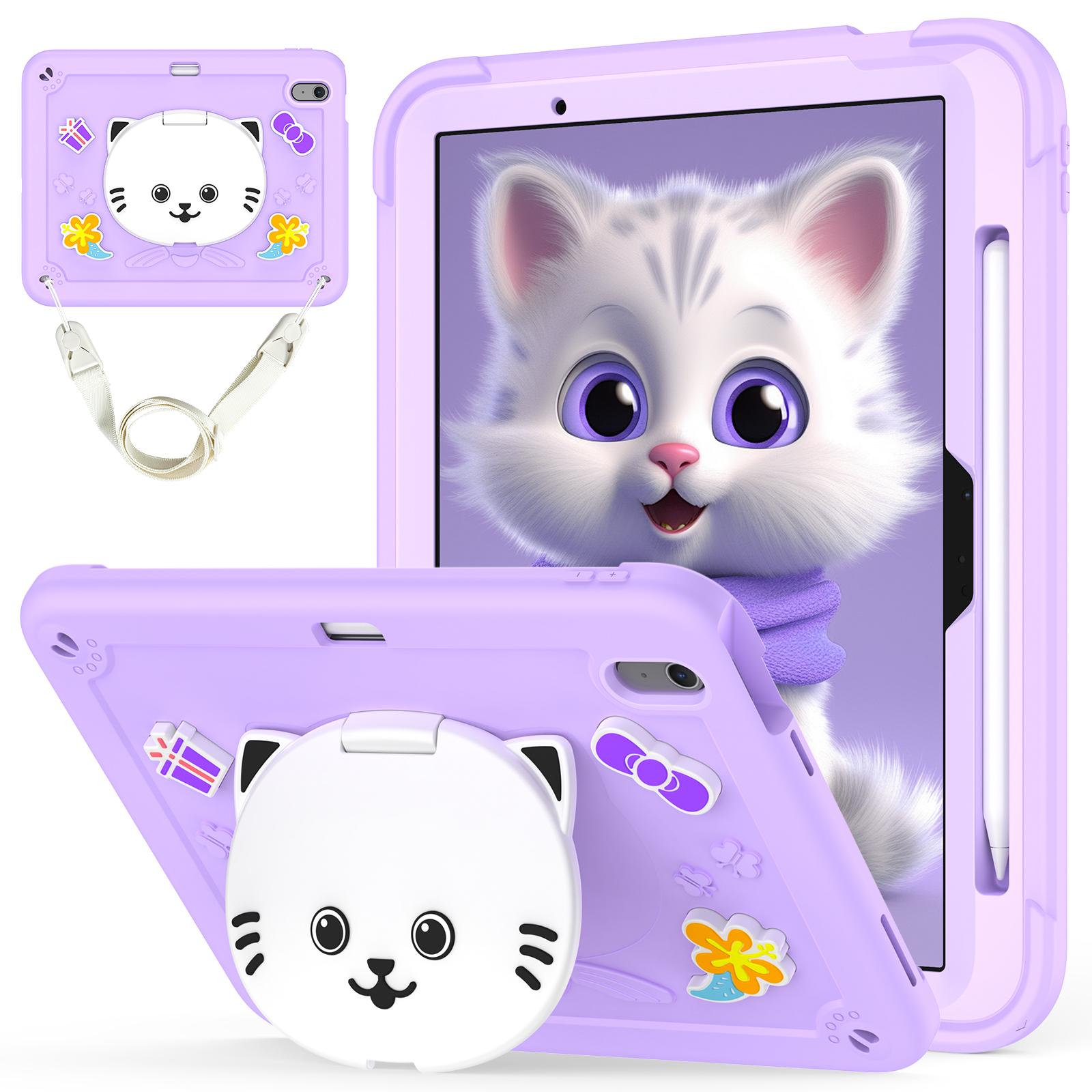 

For iPad Air 11 (2025)/(2024) Case PC + Silicone Tablet Cover with Cat Kickstand/Shoulder Strap