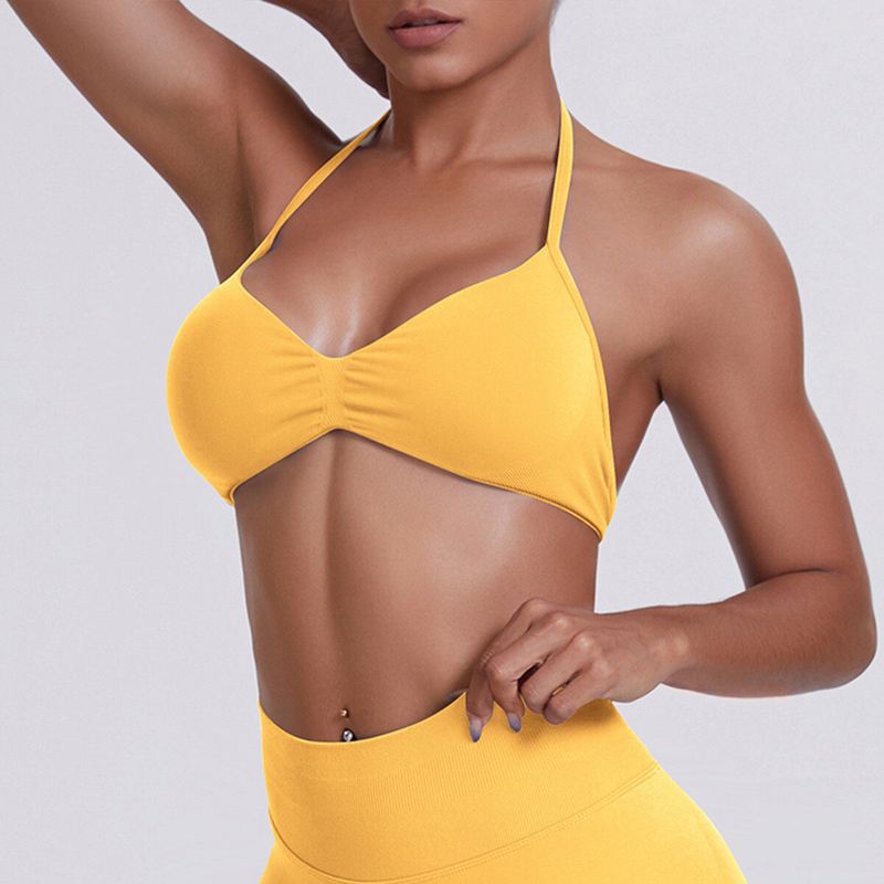 European and American Style Thin Strap Beauty Back Halter Sports Bra for Women, Pilates Yoga Tank Top, Seamless Fitness Underwear Camisole