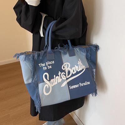 Borsa Stile Europeo e Americano da Spiaggia Grande Capacità a Spalla Borsa da Pendolare Nappa Fatta a Mano Stampa Denim Borsa Tote