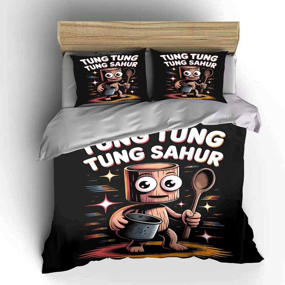 3Pcs Funny Wooden Man With Spoon Duvet Cover Set Tung Tung Sahur Cartoon Black Bedding Single Double King Queen Gift