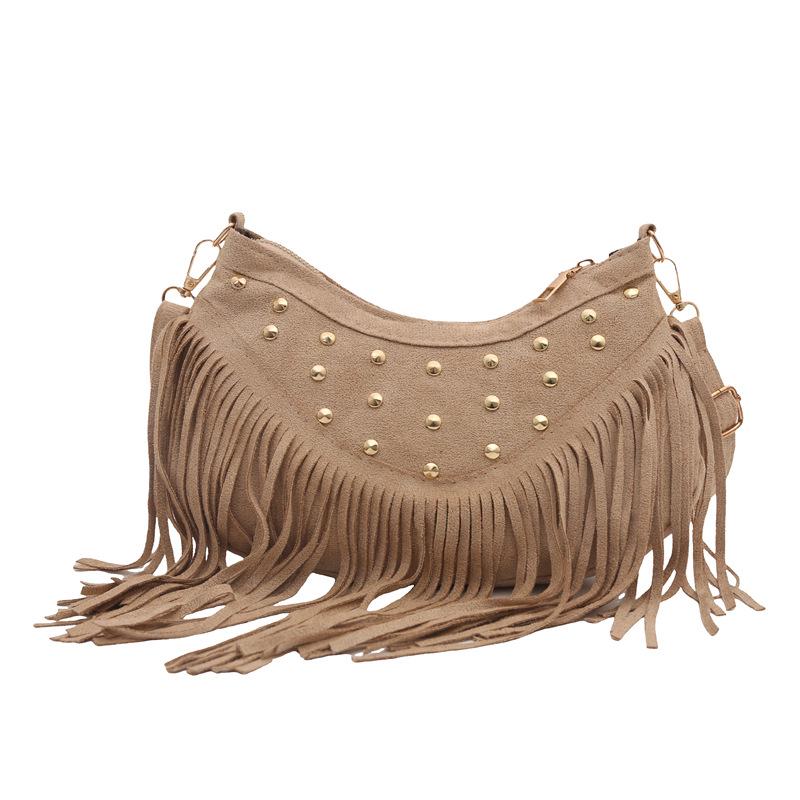 Suede Rivet Tassel Dumpling Bag - Autumn/Winter 2025 Boho One-Shoulder Crossbody