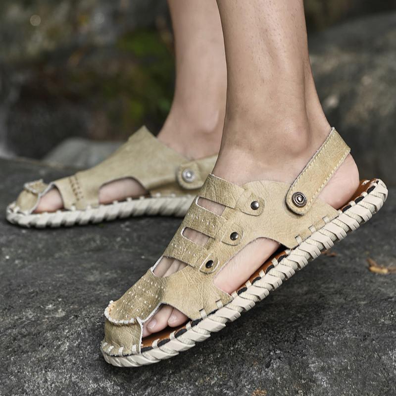 2024 Black Handmade Leather Men Shoes Summer New Large Size Men's Sandals Men Sandals Fashion Sandals Slippers Big Size 38-46