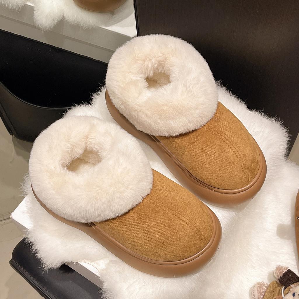 Big head thick-soled snow boots for women's autumn and winter new one-pedal cotton shoes with integrated fur and plush warm fluffy shoes