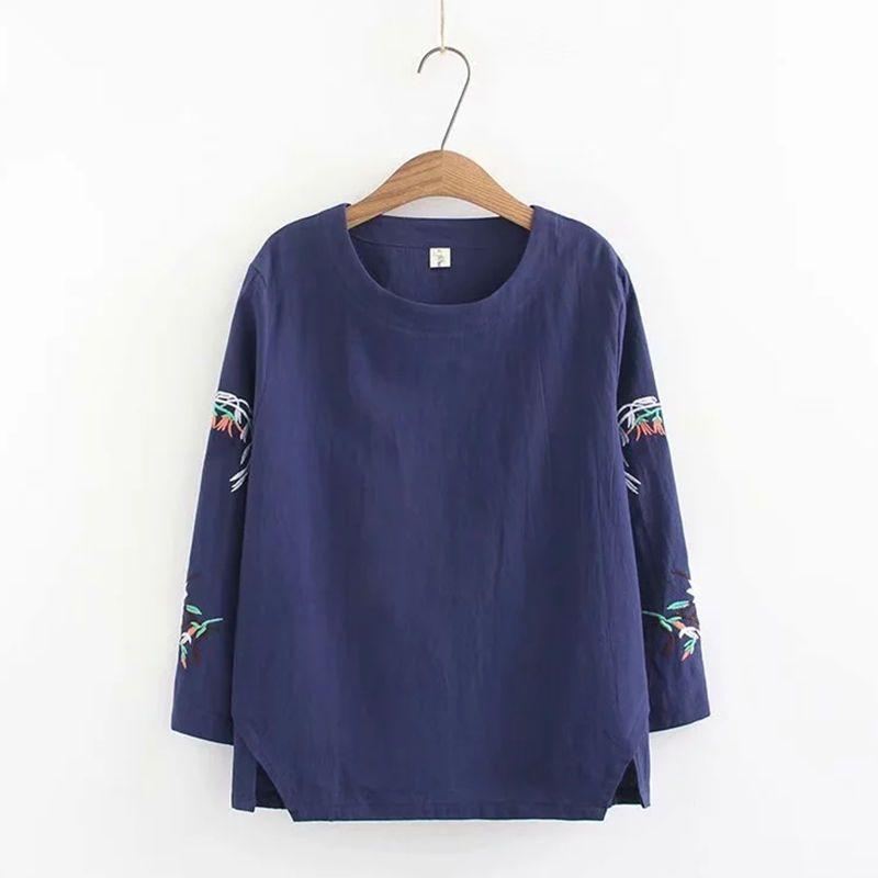 

Хлопковая вышитая рубашка с длинными рукавами больших размеров, футболка на весну и осень, белый топ в стиле ретро для женщин 3XL