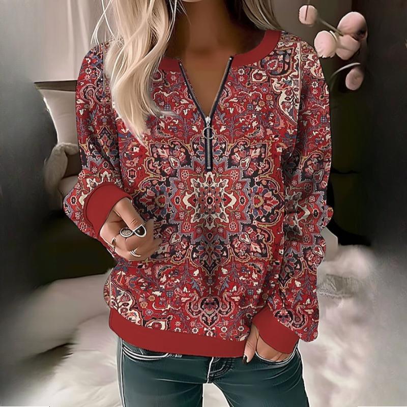 Women's Autumn/Winter Printed V-Neck Zip Loose Knit Shirt