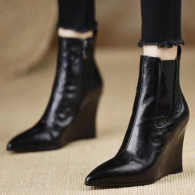 Bottes pour femme Tempérament Bout pointu Bottes en cuir Mode Bottes à talon compensé Fermeture éclair latérale Bottes à talon haut pour femme Botas Mujer