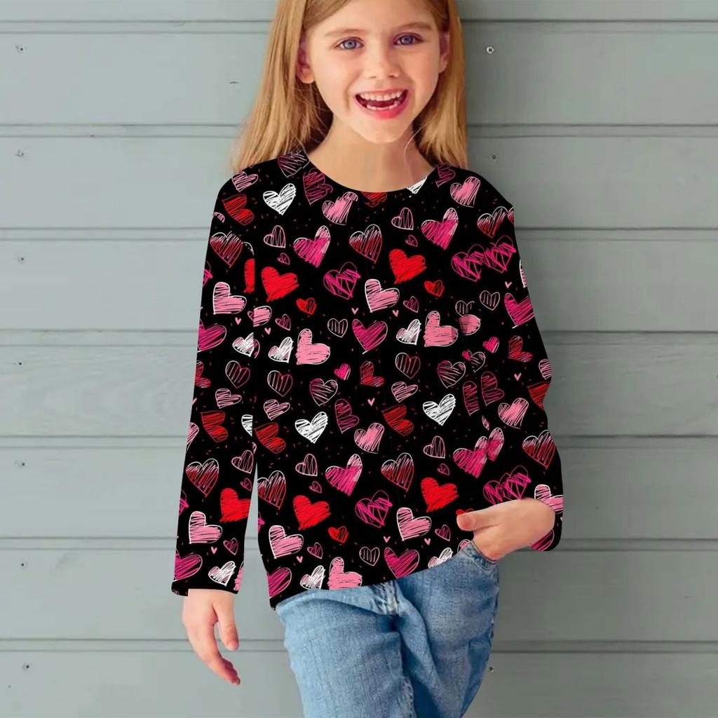 Fashion Children Casual Long Sleeved Letter Heart Pattern 3D Print Tops Funny Style Comfortable Round Neck Pullover Clothing