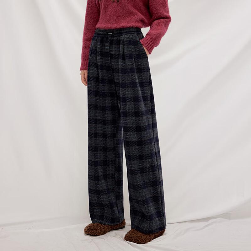 UNIFREE Women's Plaid Fleece-Lined Wide-Leg Trousers