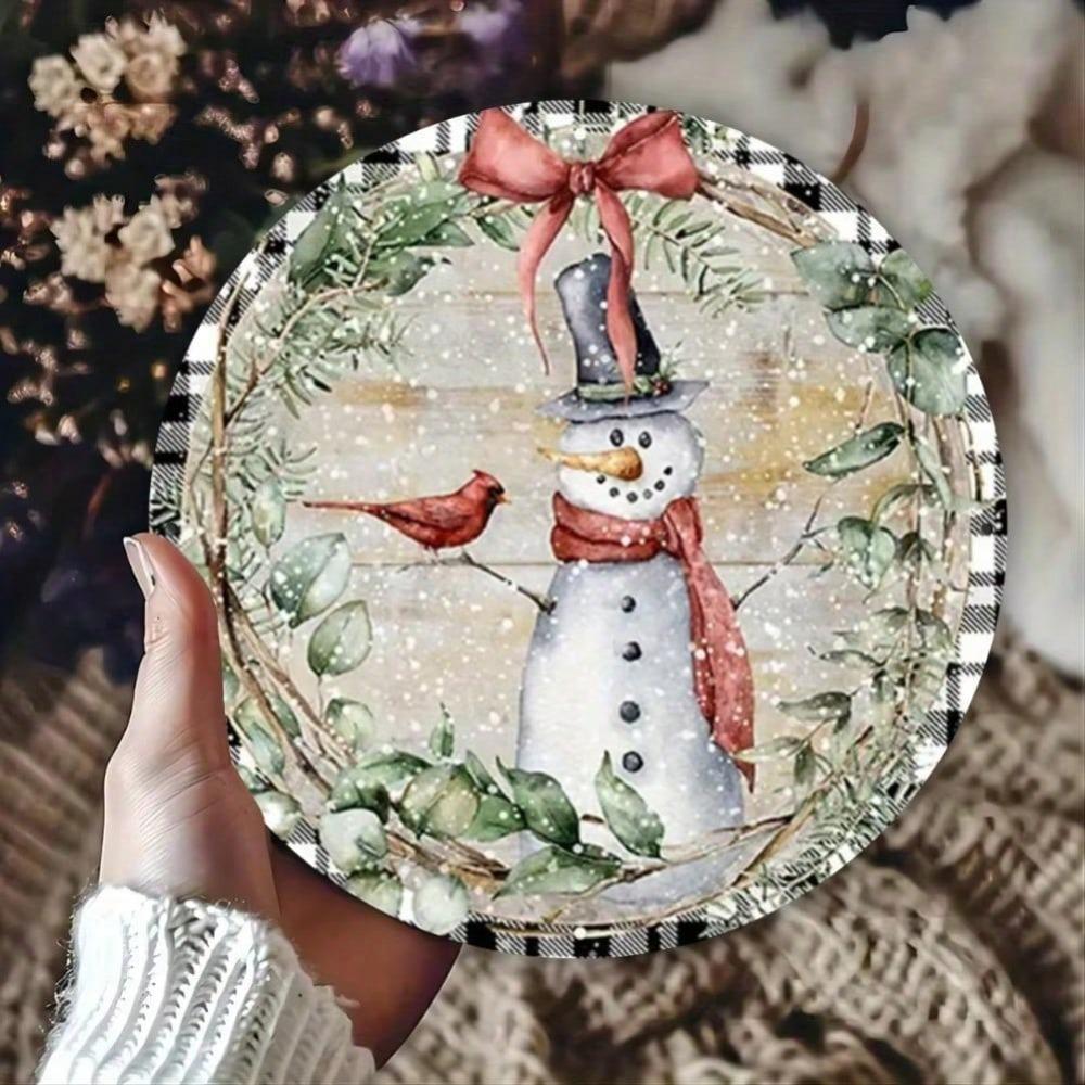 Snowman Wreath Metal Round Sign Rustic Iron Wall Art Plaid Border Christmas Door Decor