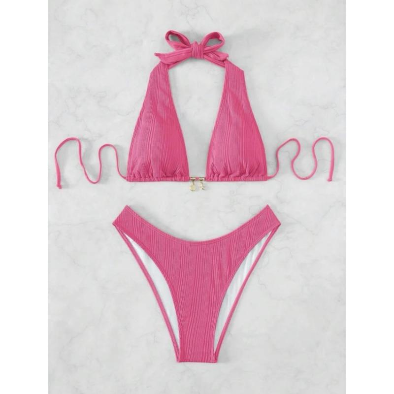 Women Solid Color Halter Neck Triangle Bikini Swimsuit For Swimming