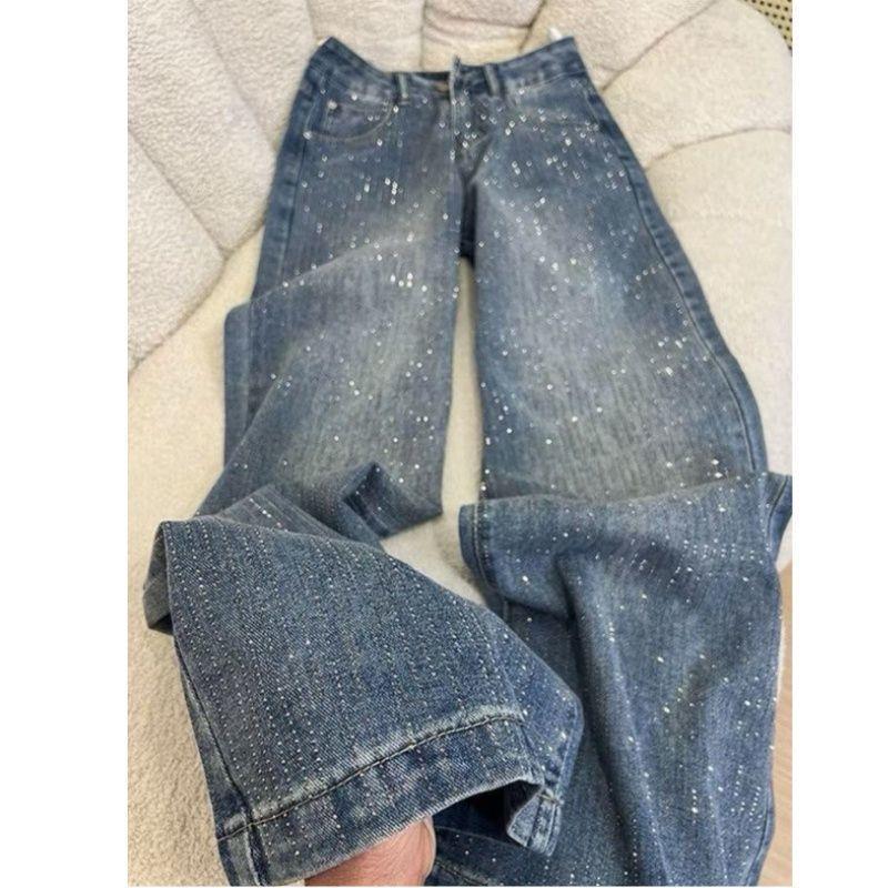 American Style Velvet Rhinestone High-Waist Wide-Leg Jeans for Women XS 35-40kg