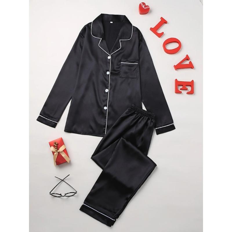 Pajama Set Long Sleeve Button Up Lapel Top & Pants Set Women's Sleepwear & Loungewear