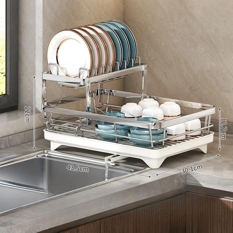 Adjustable 2-Tier Stainles Steel Dish Drying Rack Kitchen Plates Bowls Organizer Practical Dish Drainer Utensils Storage Rack 10298₽