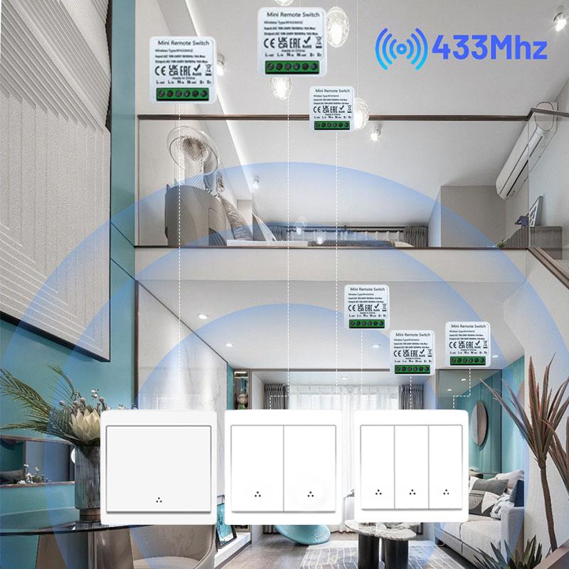 433MHz უსადენო ჭკვიანი კედლის ნათურის ჩამრთველი 1/2/3 განყოფილებიანი დისტანციური მართვის პანელი AC100–240V სტიკერის დიზაინი LED ნათურებისთვის სახლის ავტომატიზაცია