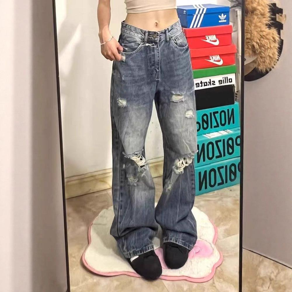 Comfortable Broken Hole Big Size Wide Leg Jeans Female Loose Hundred High Waist Trailing Straight Trousers Jeans for Women Long Denim Pants