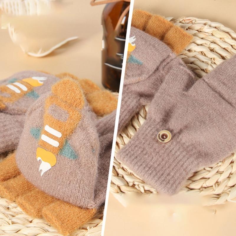 Convertible Gloves Winter Half Finger Mittens Stretchy Knit Fingerless Gloves with Soft Cover for Kids Teens Kawaii