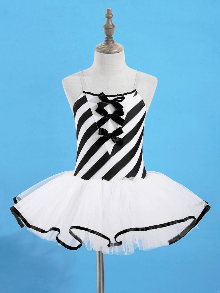 Kinder Gestreift Bedrucktes Tanzkleid Mädchen Mesh Tutu Eiskunstlaufkleid Aufführung Tanzkostüm