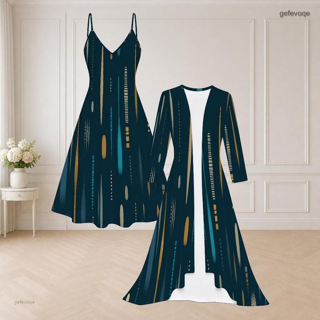 Women Plus Size Printed Spaghetti Strap Flared Dress Long Sleeve Open Front Cardigan Two Piece Set
