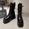 Punk Women Boots Belt Buckle Design Gothic Boots Fashion Mid-Calf Booties Quality Women'S Leather Boots Motorcycle Platform Boot
