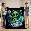Cute Green Alien Stargazing On the Moon Flannel Blanket for Bedroom, Living Room, Sofa, and Nap Sofas.