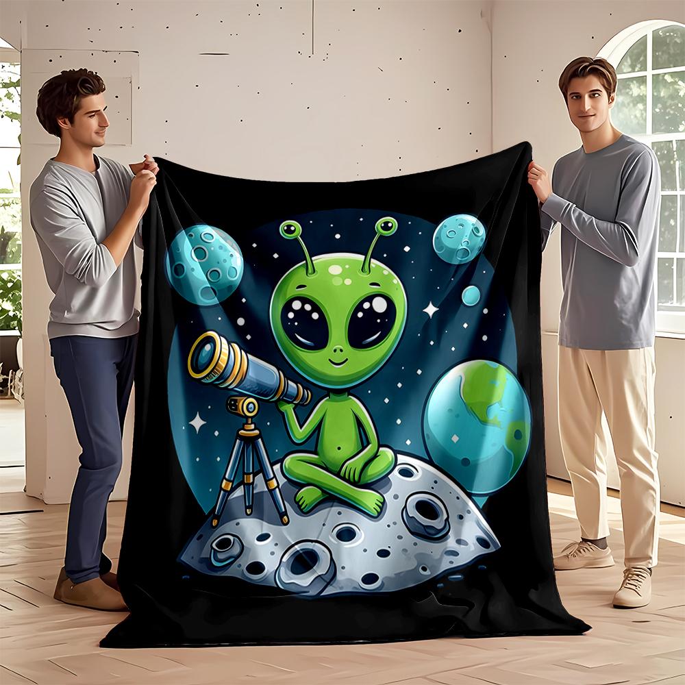 Cute Green Alien Stargazing On the Moon Flannel Blanket for Bedroom, Living Room, Sofa, and Nap Sofas.