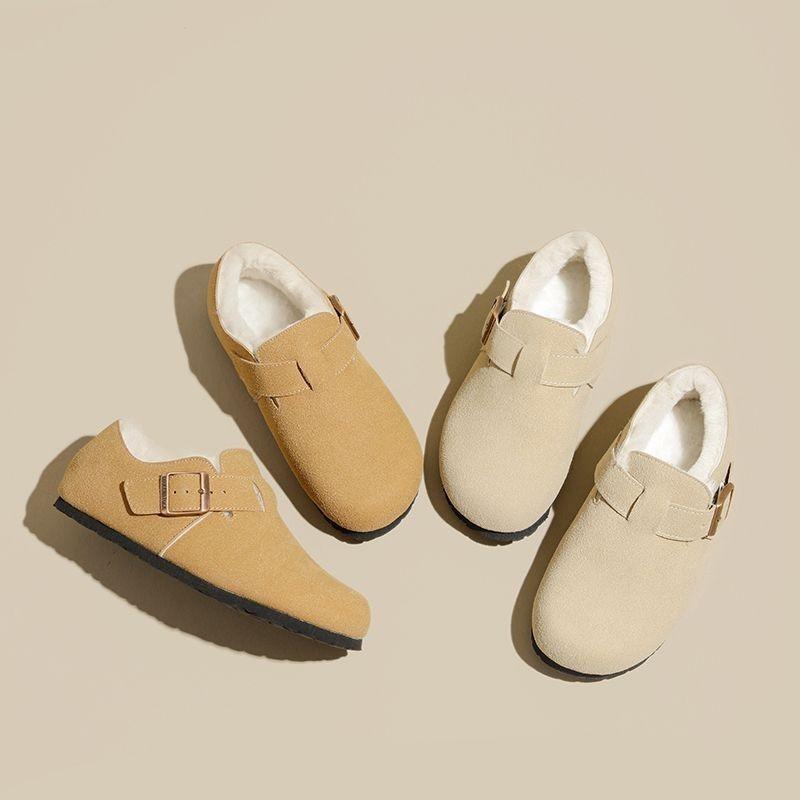 Fashion Crestar Winter Fur Lined Suede Slipper For Women Outdoor Keep Warm Non-slip Flat Mule Slipper New Lady Round-toed Home Slippers