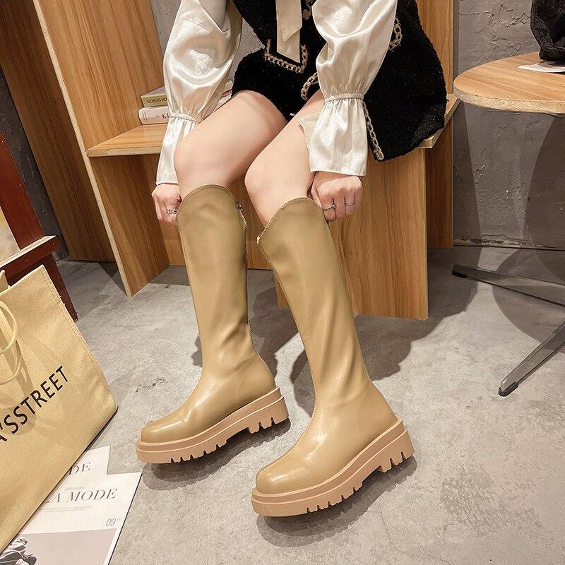 Pantofi Toc plat Cizme de dama Cizme de toamna - Femei Varf rotund Design de lux Saboti cu fermoar Platforma Rock Doamnelor peste genunchi