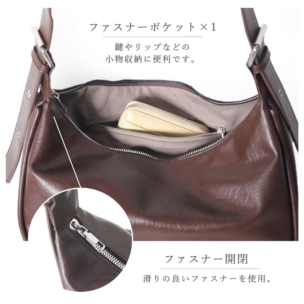 Ninon Women's Shoulder Bag, Crossbody Bag, Adult, Lightweight, Large Capacity, Shoulder Tote Bag, A4 Size, Washed PU Leather with Eyelets, Synthetic