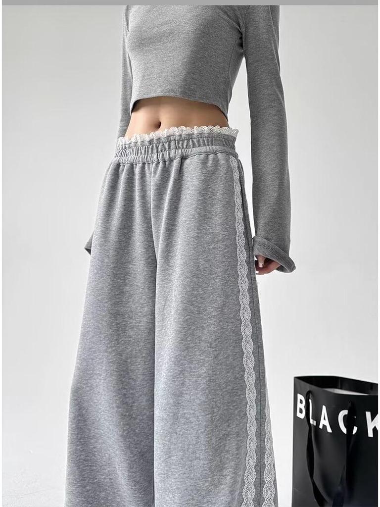 2024 Women's Trendy High Waist Wide-Leg Patchwork Lace Sweatpants