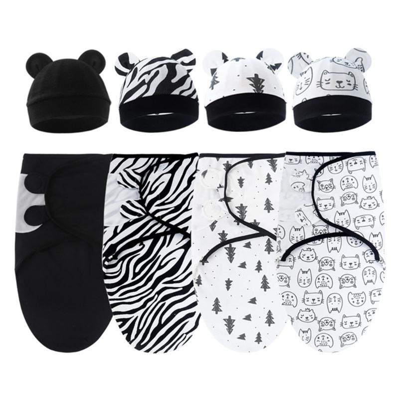 4 Set Baby Swaddles Wrap Blanket with Bonnet Hat Sleeping Bag Anti Kick Blanket Swaddles for Toddler 0-12 Months