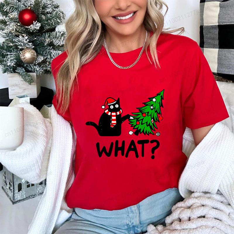 T Shirt for Women Christmas Black Cat Print T-shirt Girl Short Sleeve Crew Neck Casual Top for Xmas Party Women's Shirt Clothing