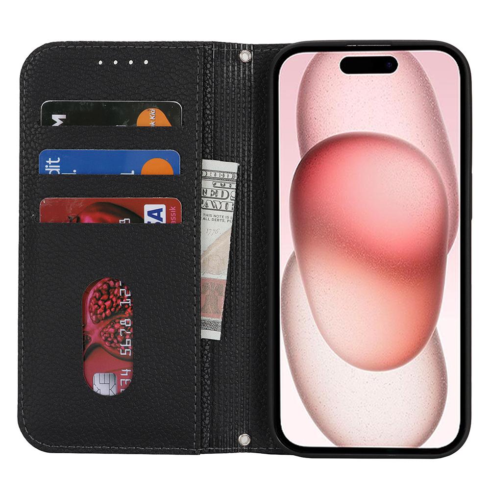 Stojánkové pouzdro pro iPhone 15 Kožené vyklápěcí pouzdro s texturou litchi se šňůrkou/peněženkou