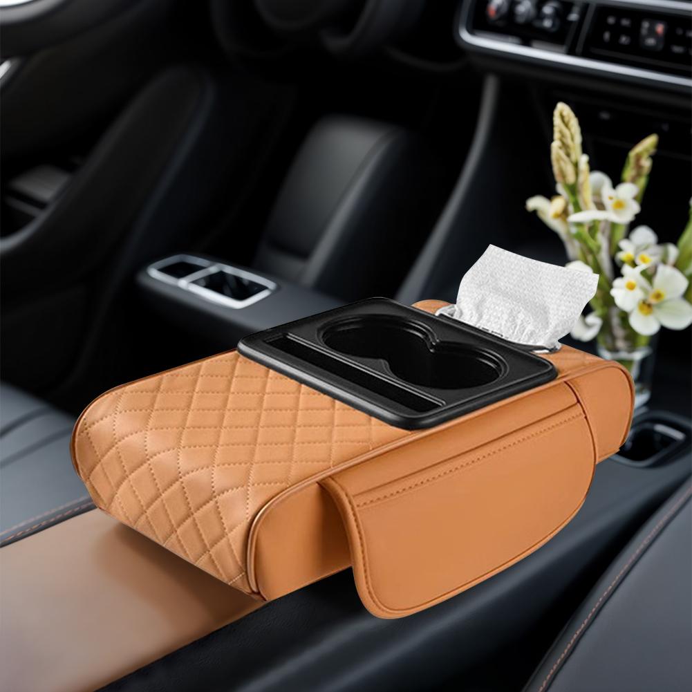 Car Armrest Cushion with 2 Cup Holder Tissue Box Slot Phone Slot Cars Center Console Organizer Car Armrest Box for Most Vehicles