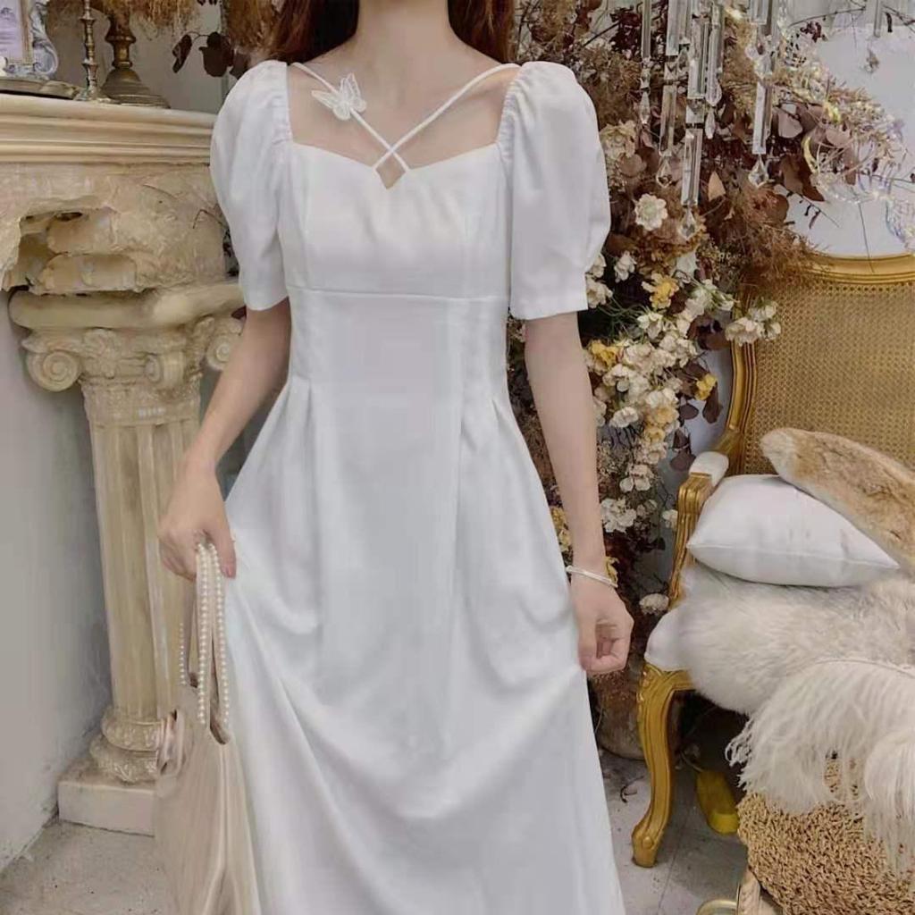French Forest Style Square Neck White Dress - Waist-Cinching, Slimming, Gentle Summer Fairy Dress