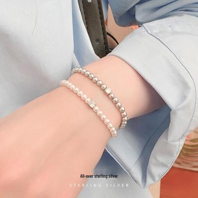 Cui Yan S925 Silver Square Pearl Beaded Bracelet for Women - Korean Style Elastic Cord Jewelry