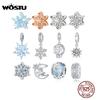 WOSTU Snowflake Charm 925 Sterling Silver Zirconia Bead Pendant Fit Original Bracelet DIY Necklace Winter Jewelry For Women Xmas