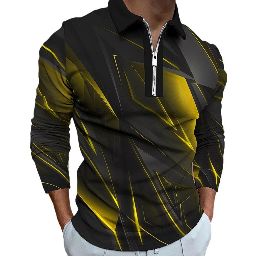 Nowa męska zapinana na zamek casualowa slim męska sportowa koszulka polo z długim rękawem z nadrukiem cyfrowym