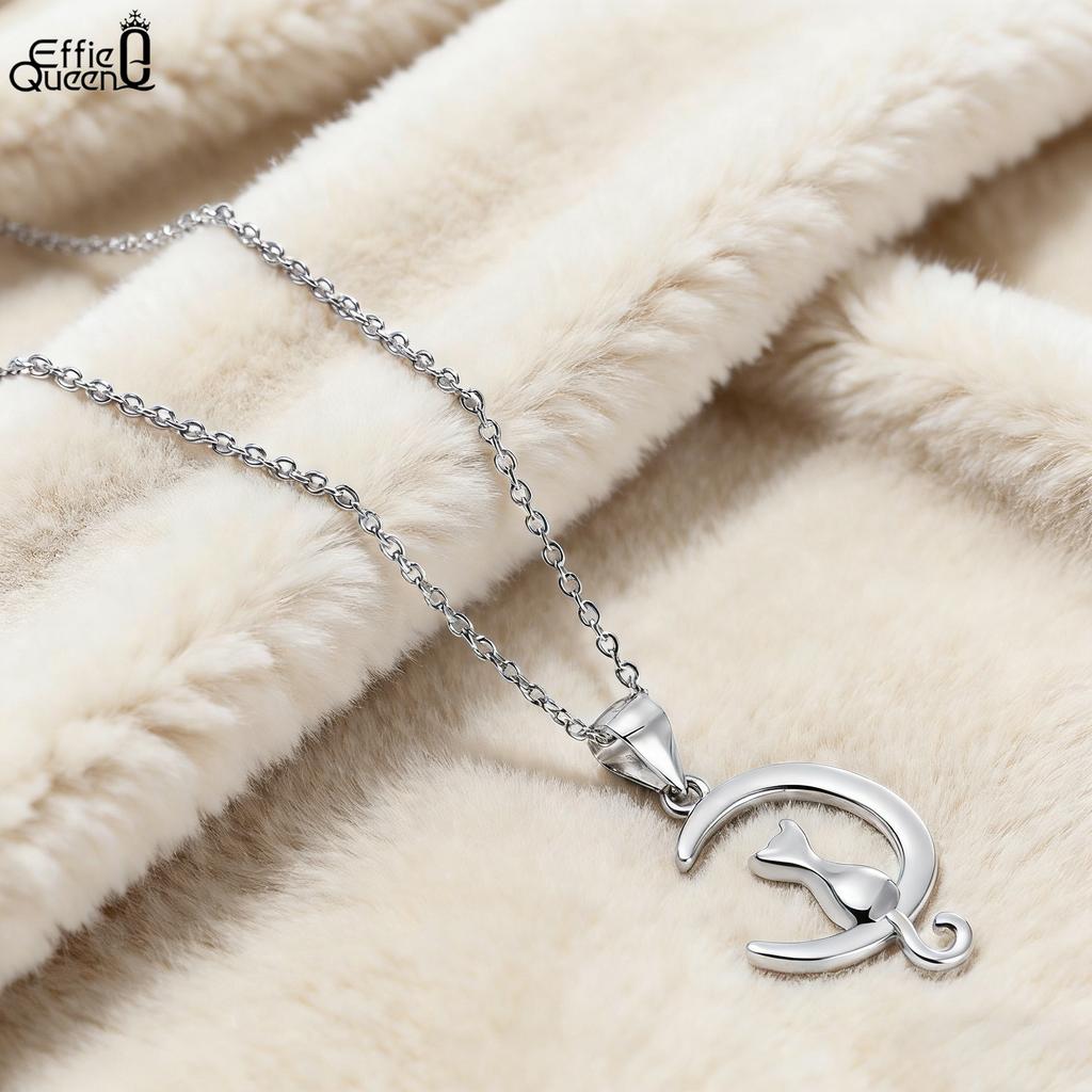 Effie Queen 925 Sterling Silver Moon & Cat Pendant Necklace Romantic Jewelry for Women, Girl Birthdays Party Banquet Gift SN271