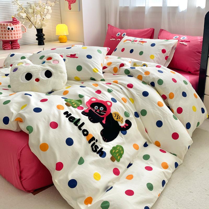 Washed Pure Cotton 4Pcs Set Cotton Towel Embroidered Quilt Cover Soft Skin-Friendly Bed Sheet Mattress