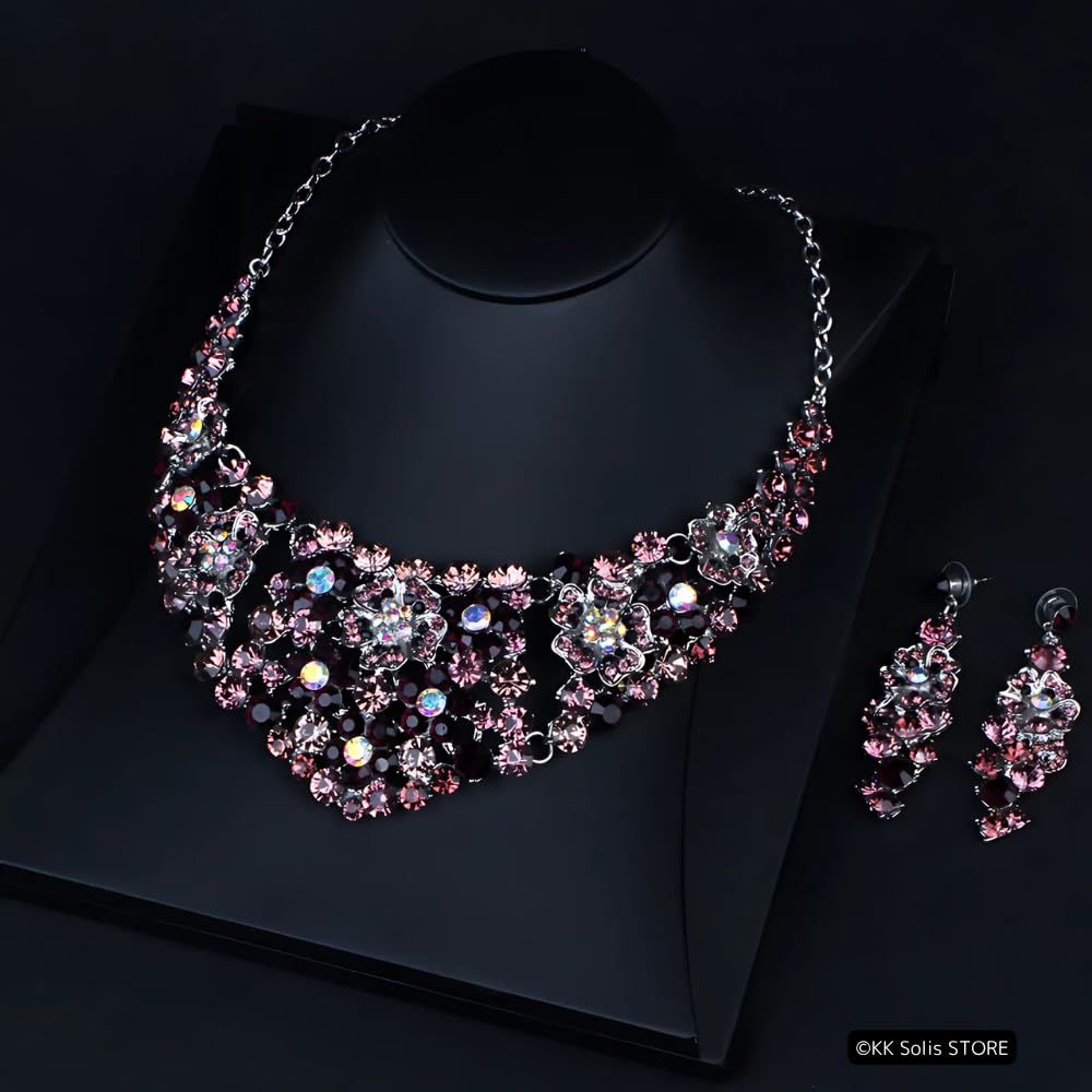 [KK Solis] Flower Luxury Rhinestone Necklace & EarringsClip-on Earrings Set  Bridal, Stage, Concert, Dance Accessories, Ballroom Dance, Belly Dance,