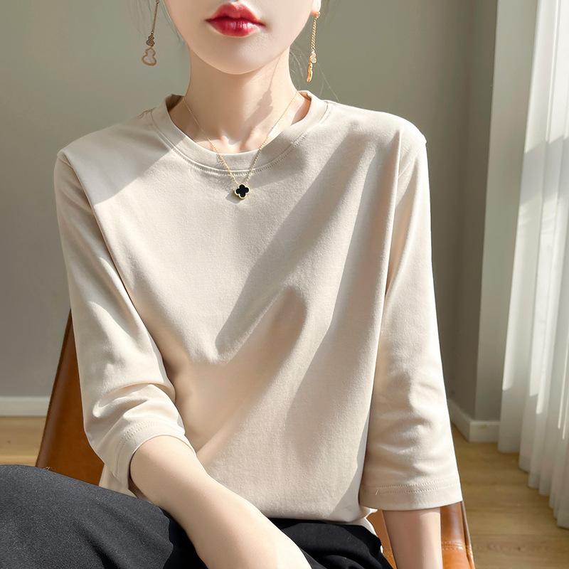 Spring And Summer White Mercerized Cotton Short Sleeve T-Shirt Feminine Joker Cotton Cropped Sleeve Bottoming Shirt