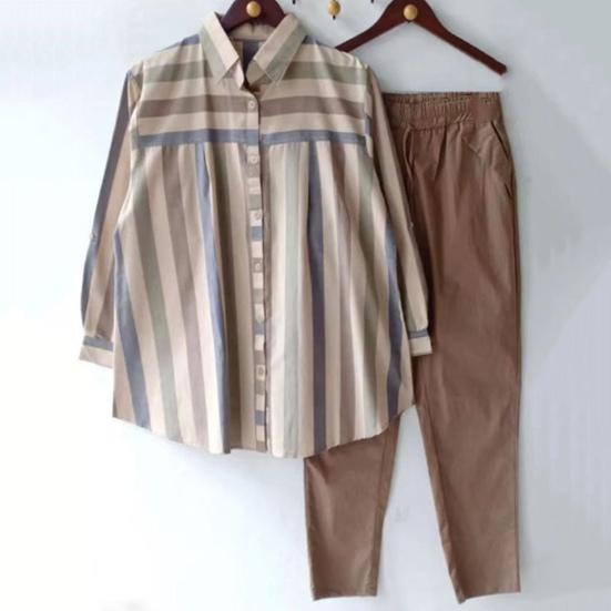 2Pcs/Set Lapel Long Sleeve Single Breasted Mid-rise Pockets Casual Outfit Striped Print Shirt Solid Color Pants Set