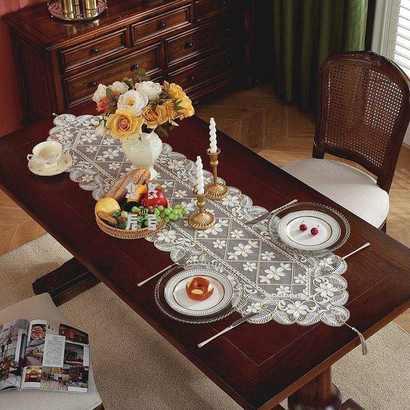 Elegant Table Runner with Coffee-Colored Floral Embroidery and Lace Detailing - Ideal for Home, Festive Outdoor Picnics, Parties, and Weddings