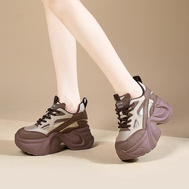 Women's Autumn and Winter Thick-soled Casual Genuine Leather Breathable Sports Shoes with Inner Height Increase Dad Shoes