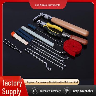 Piano Tuning Tool Set with Telescopic Bent Rod, Tuning Wrench, Mute Leather Fork, Mute Stick, and Mute Strip.