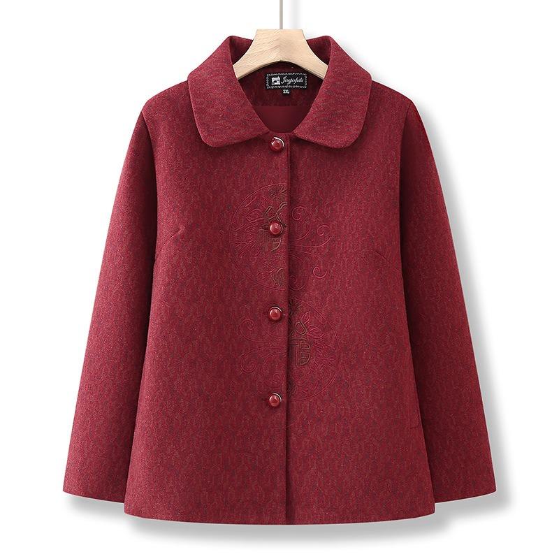 

Autumn and winter woolen coat female old lady woolen age 0 velvet lapel top 5XL (145-80kg recommended)