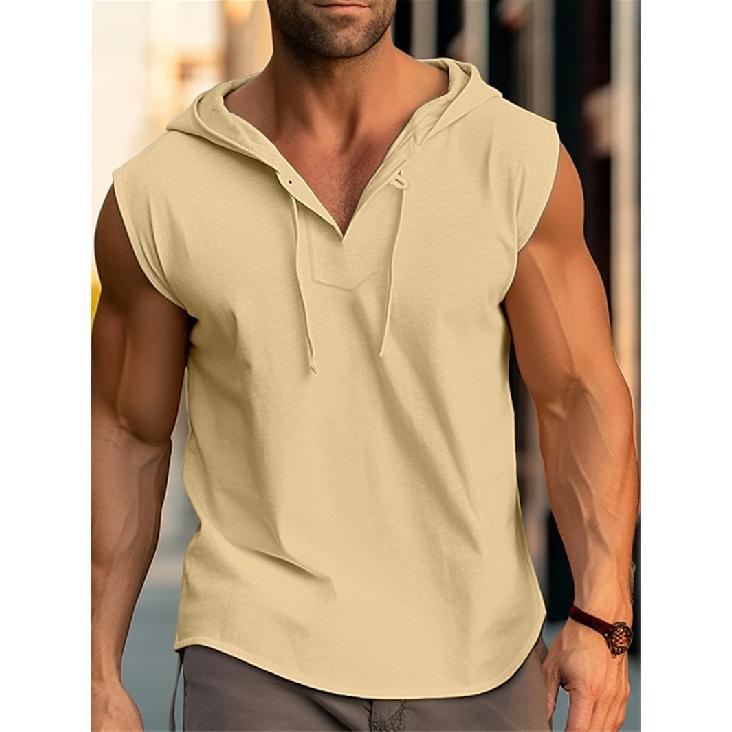 Men's Sleeveless Casual T-Shirt Fitness Sports Drawstring Solid Color Hooded Vest Top