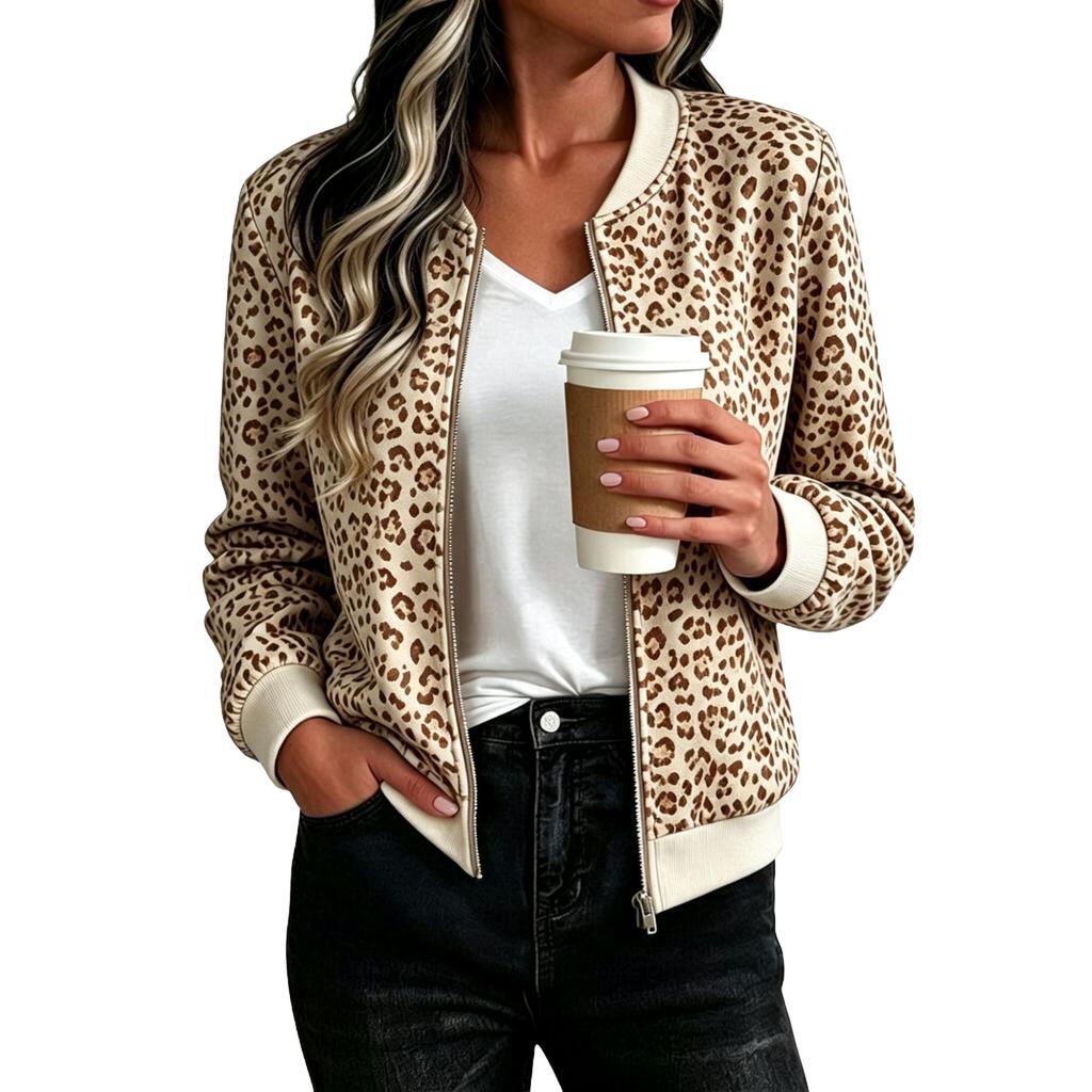Women's Loose Fit Casual Zip-Up Jacket, Fashion Printed Short Coat for Fall and Winter